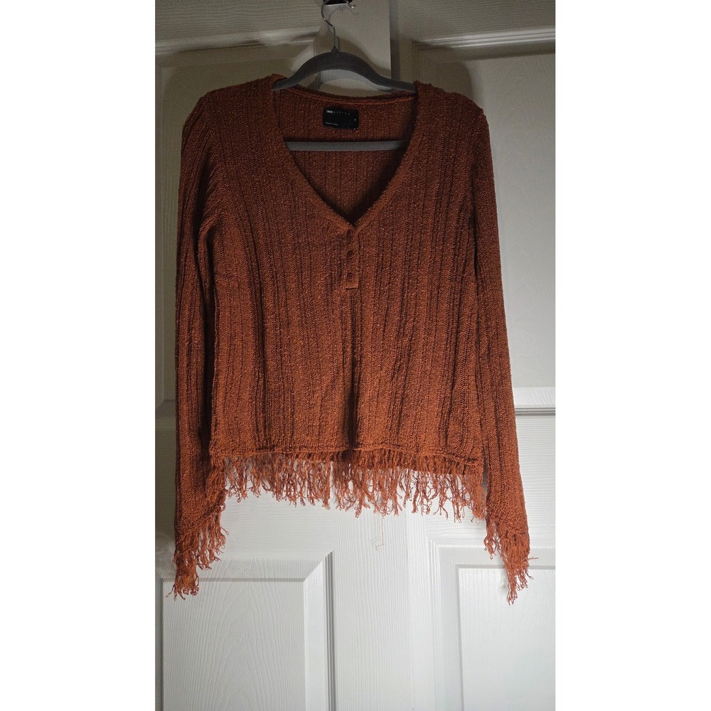 ASOS DESIGN Womens Rust Orange Ribbed Henley‎ Sweater Fringe Hem Boho Medium